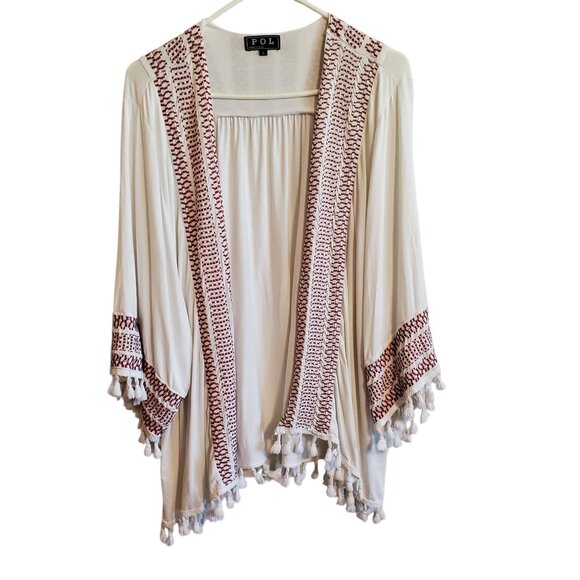 POL Open Tassel Embroidered Lined Cardigan Wide Short Sleeves Large - Picture 1 of 16